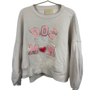 Judith‎ March Chenille Dog Mom  Cream Semi Cropped Oversized Sweatshirt Sz Large